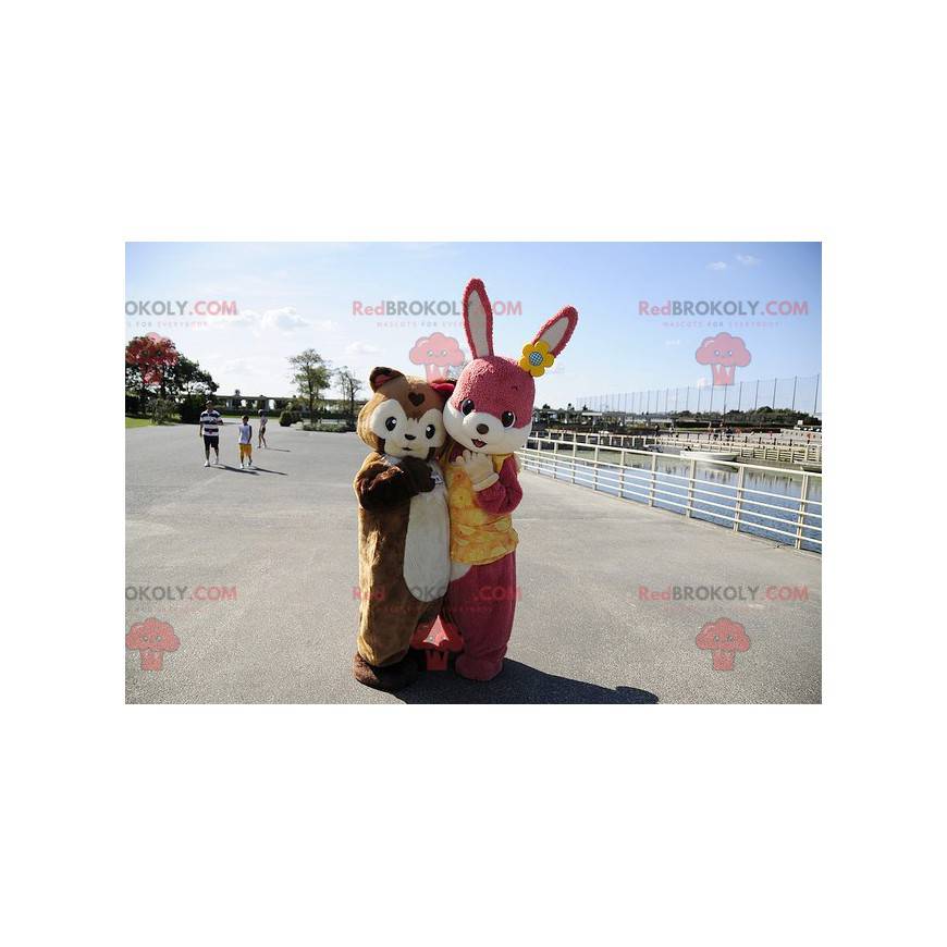 Mascotte de lapin rose et de cochon d'Inde marron -