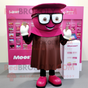Magenta Chocolate Bar mascot costume character dressed with a Culottes and Reading glasses