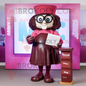 Magenta Chocolate Bar mascot costume character dressed with a Culottes and Reading glasses