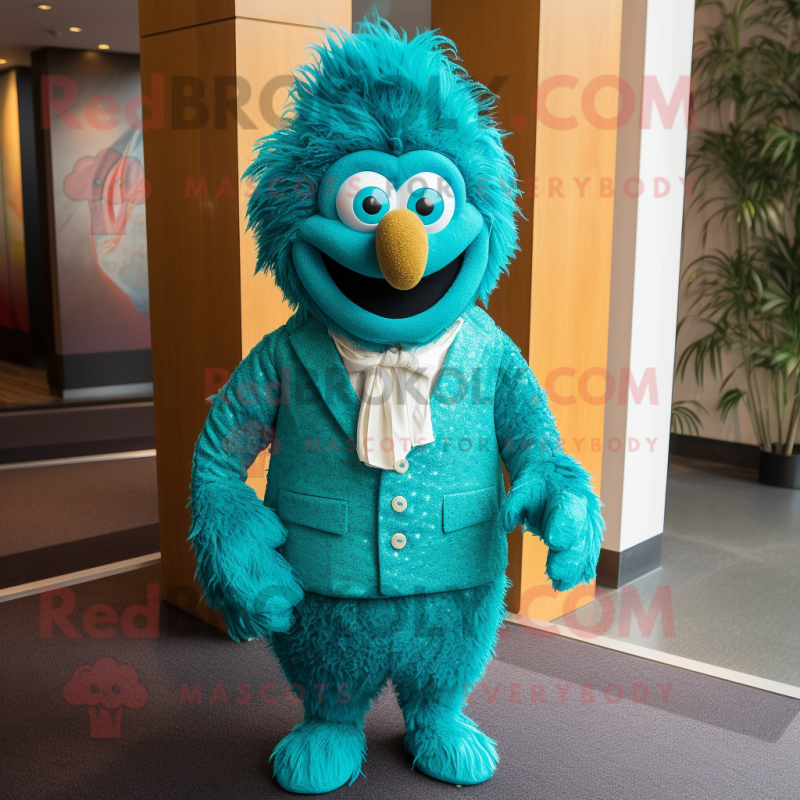 Turquoise Biryani mascot costume character dressed with a Suit and Tie pins Turquoise Biryani mascot costume character dressed with a Suit and Tie pins