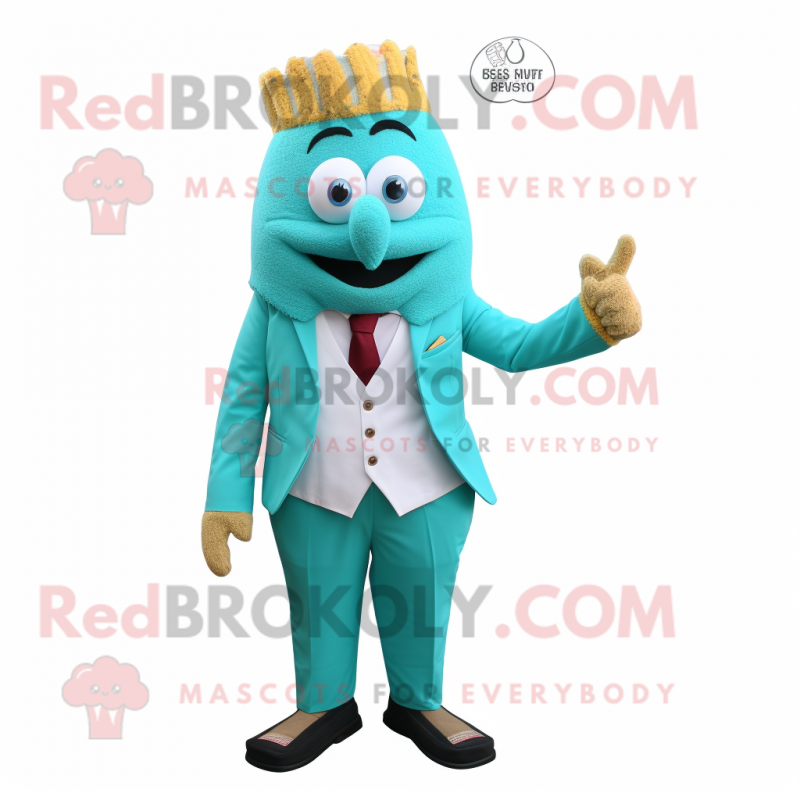 Turquoise Biryani mascot costume character dressed with a Suit and Tie pins