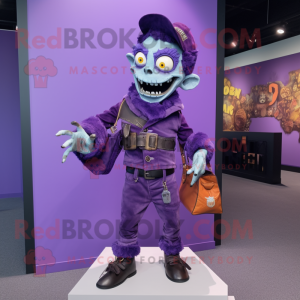 Purple Undead mascot costume character dressed with a Vest and Handbags