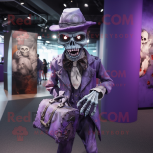 Purple Undead mascot costume character dressed with a Vest and Handbags