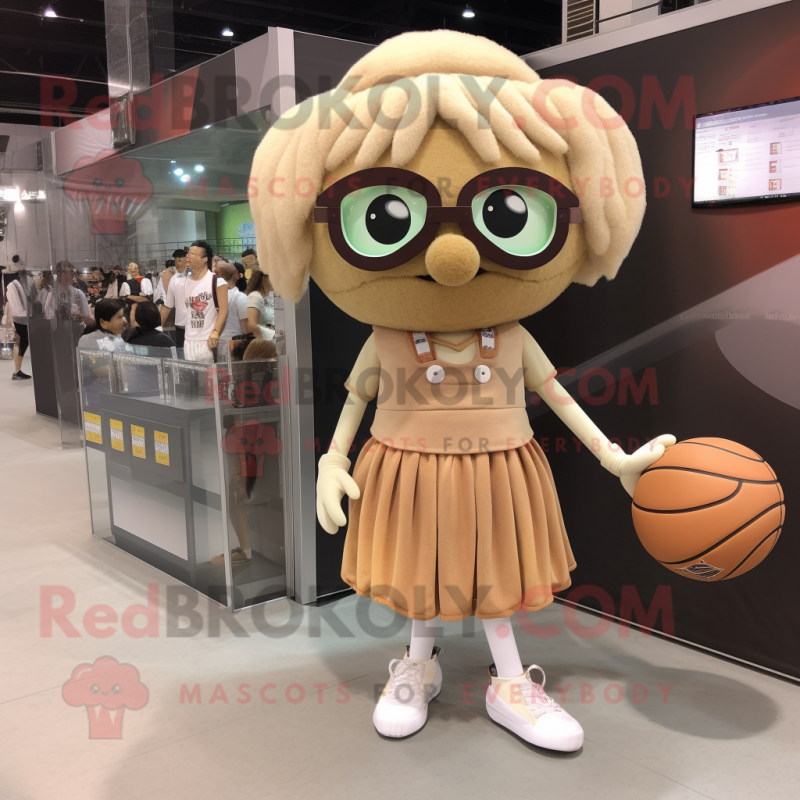 Tan Meatballs mascot costume character dressed with a Mini Skirt and Eyeglasses Tan Meatballs mascot costume character dressed with a Mini Skirt and Eyeglasses