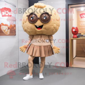 Tan Meatballs mascot costume character dressed with a Mini Skirt and Eyeglasses