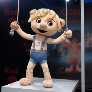 Beige Trapeze Artist mascot costume character dressed with a Denim Shorts and Keychains