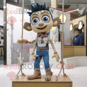 Beige Trapeze Artist mascot costume character dressed with a Denim Shorts and Keychains