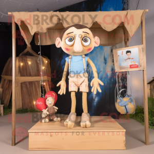Beige Trapeze Artist mascot costume character dressed with a Denim Shorts and Keychains