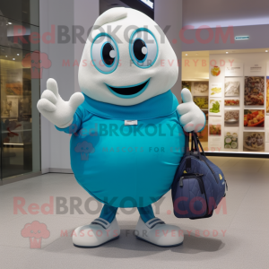 Cyan Shakshuka mascot costume character dressed with a Chinos and Handbags