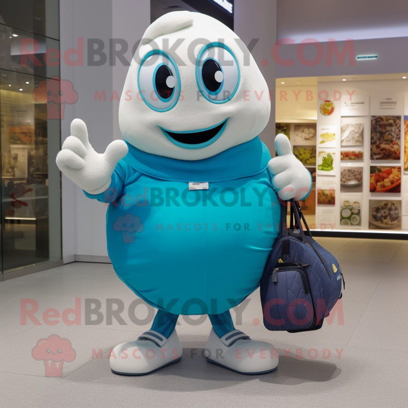 Cyan Shakshuka mascot costume character dressed with a Chinos and Handbags Cyan Shakshuka mascot costume character dressed with a Chinos and Handbags