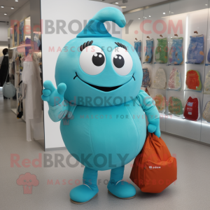 Cyan Shakshuka mascot costume character dressed with a Chinos and Handbags