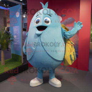 Cyan Shakshuka mascot costume character dressed with a Chinos and Handbags