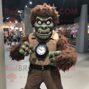 Brown Frankenstein'S Monster mascot costume character dressed with a Long Sleeve Tee and Bracelet watches