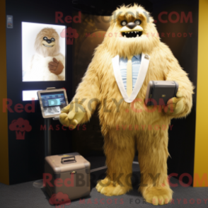 Fantasia de mascote Yeti dourado com blazer e carteiras - Mascotes Yetis - REBROKO_328576 - RedBrokoly.com