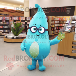 Turquoise Pear mascot costume character dressed with a Leggings and Reading glasses