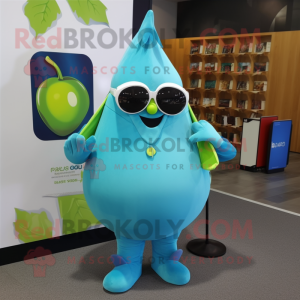 Turquoise Pear mascot costume character dressed with a Leggings and Reading glasses