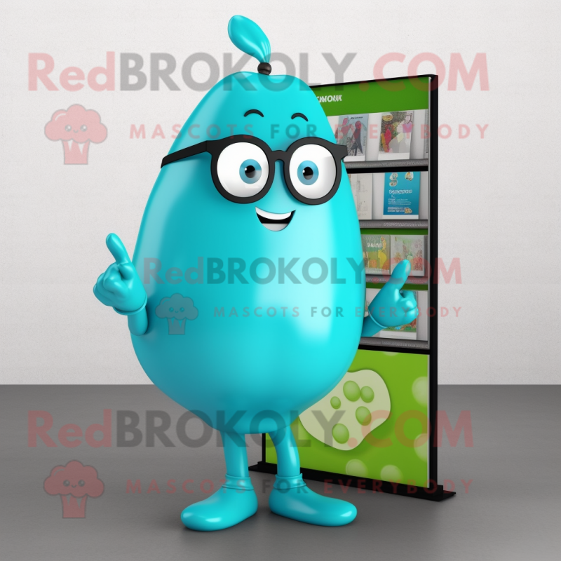 Turquoise Pear mascot costume character dressed with a Leggings and Reading glasses