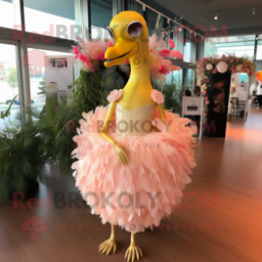 Gold Flamingo mascot costume character dressed with a Wedding Dress and Hair clips