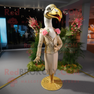 Gold Flamingo mascot costume character dressed with a Wedding Dress and Hair clips