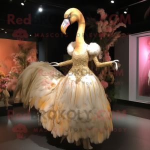 Gold Flamingo mascot costume character dressed with a Wedding Dress and Hair clips