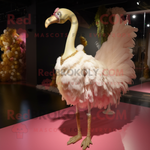 Gold Flamingo mascot costume character dressed with a Wedding Dress and Hair clips
