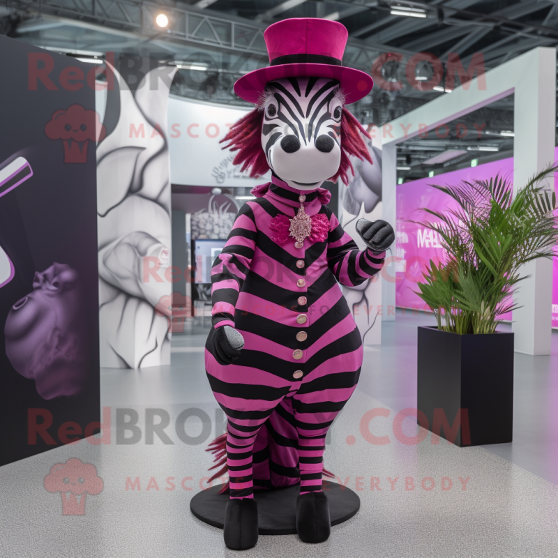 Magenta Zebra mascot costume character dressed with a Shift Dress and Hat pins