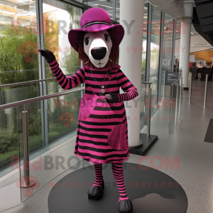 Magenta Zebra mascot costume character dressed with a Shift Dress and Hat pins