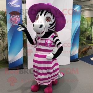 Magenta Zebra mascot costume character dressed with a Shift Dress and Hat pins