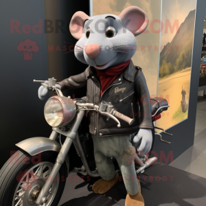 Gray Ratatouille mascot costume character dressed with a Biker Jacket and Brooches