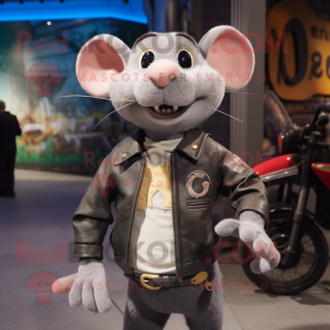 Gray Ratatouille mascot costume character dressed with a Biker Jacket and Brooches