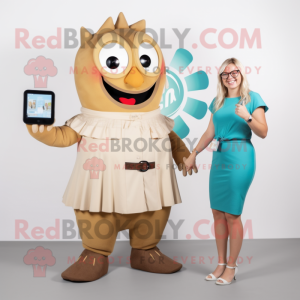 Tan Momentum mascot costume character dressed with a Cocktail Dress and Smartwatches