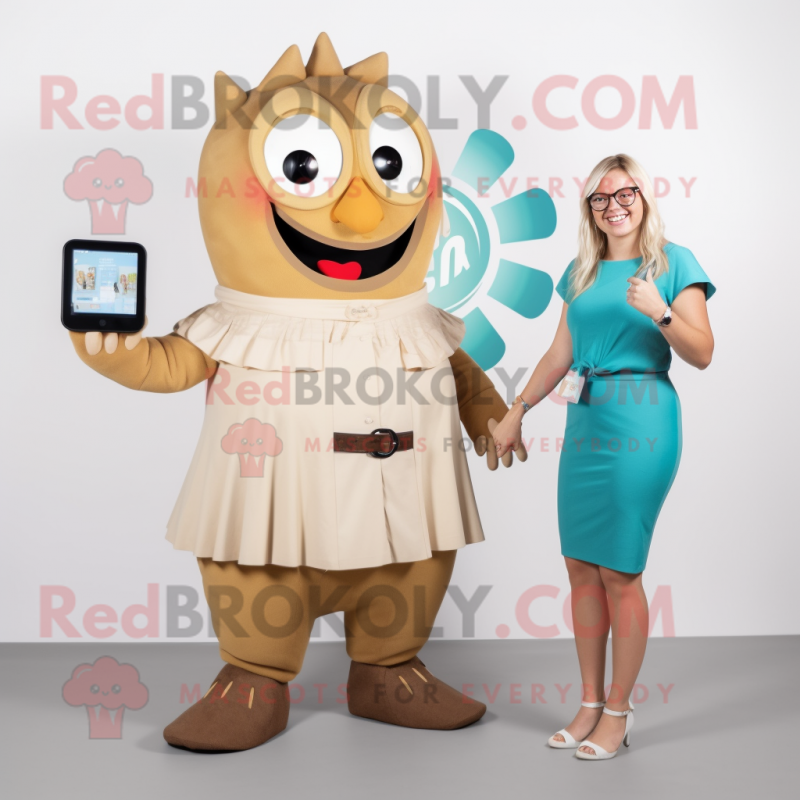Tan Momentum mascot costume character dressed with a Cocktail Dress and Smartwatches Tan Momentum mascot costume character dressed with a Cocktail Dress and Smartwatches