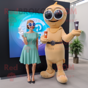 Tan Momentum mascot costume character dressed with a Cocktail Dress and Smartwatches