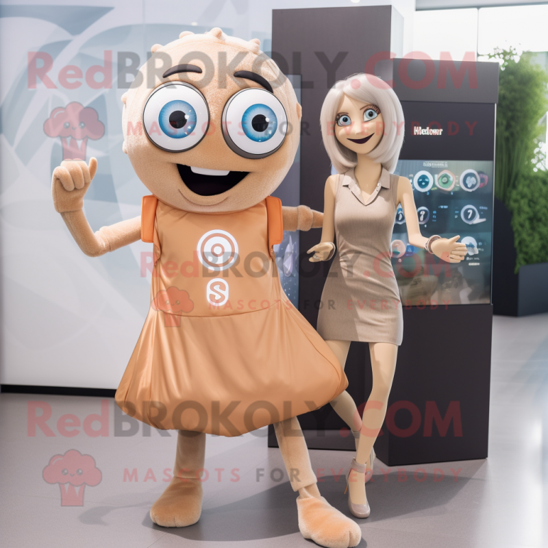 Tan Momentum mascot costume character dressed with a Cocktail Dress and Smartwatches Tan Momentum mascot costume character dressed with a Cocktail Dress and Smartwatches
