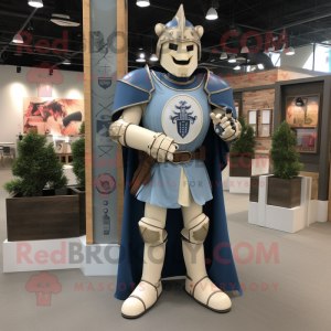 Cream Medieval Knight mascot costume character dressed with a Denim Shirt and Bracelet watches