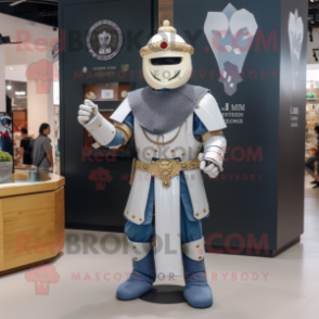 Cream Medieval Knight mascot costume character dressed with a Denim Shirt and Bracelet watches