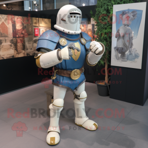 Cream Medieval Knight mascot costume character dressed with a Denim Shirt and Bracelet watches