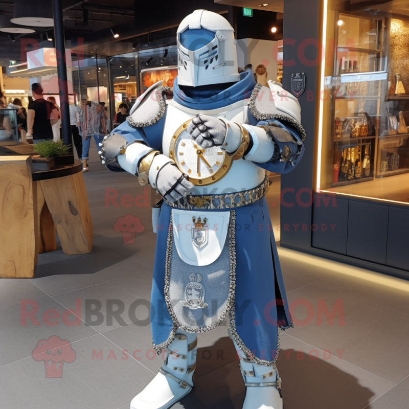 Cream Medieval Knight mascot costume character dressed with a Denim Shirt and Bracelet watches