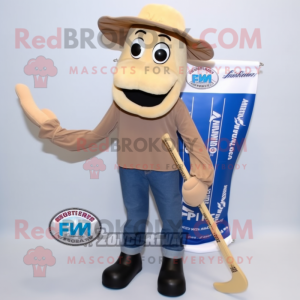 Beige Ice Hockey Stick mascot costume character dressed with a Denim Shirt and Scarf clips