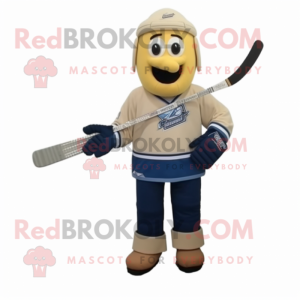 Beige Ice Hockey Stick mascot costume character dressed with a Denim Shirt and Scarf clips