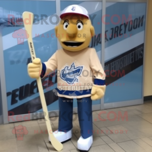 Beige Ice Hockey Stick mascot costume character dressed with a Denim Shirt and Scarf clips