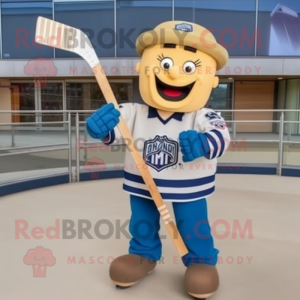 Beige Ice Hockey Stick mascot costume character dressed with a Denim Shirt and Scarf clips