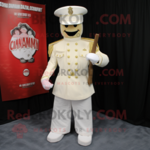 Cream Commando mascot costume character dressed with a Wedding Dress and Hat pins