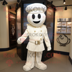 Cream Commando mascot costume character dressed with a Wedding Dress and Hat pins
