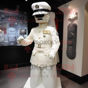 Cream Commando mascot costume character dressed with a Wedding Dress and Hat pins