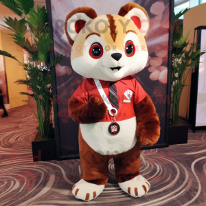 Cream Red Panda mascot costume character dressed with a Romper and Tie pins