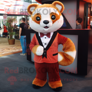 Cream Red Panda mascot costume character dressed with a Romper and Tie pins