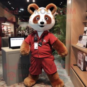 Cream Red Panda mascot costume character dressed with a Romper and Tie pins