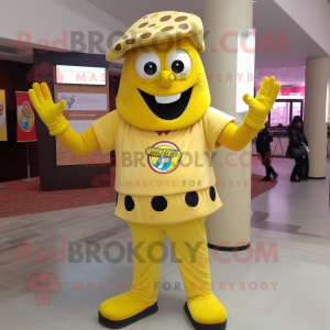 Yellow Pizza mascot costume character dressed with a Long Sleeve Tee and Belts
