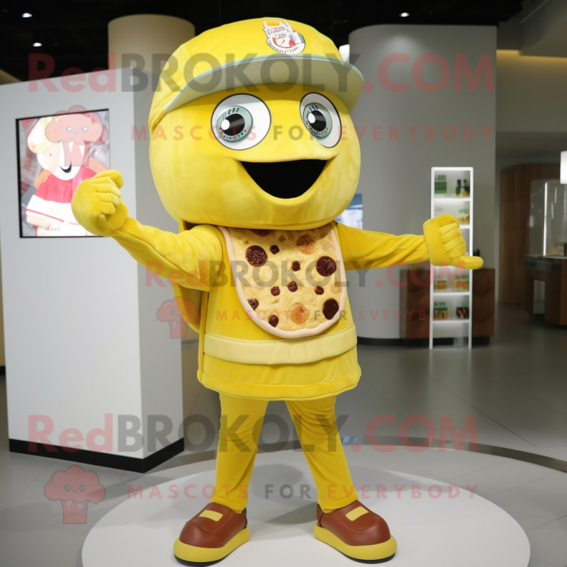 Yellow Pizza mascot costume character dressed with a Long Sleeve Tee and Belts